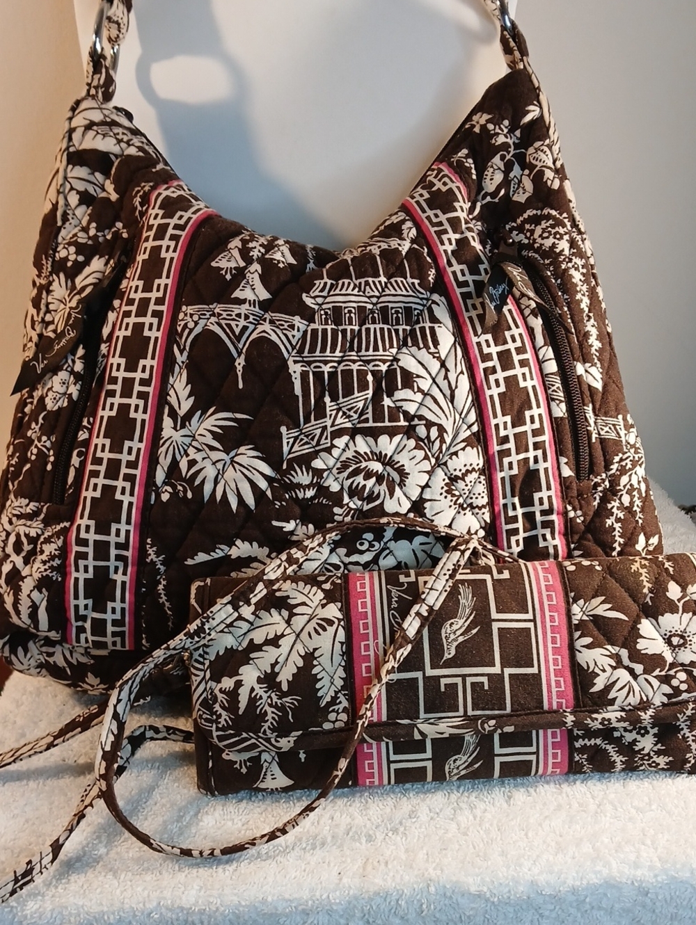Vera Bradley Quilted Floral Hobo Bag and Wallet/Crossb Set - Brown, Cream & Pink